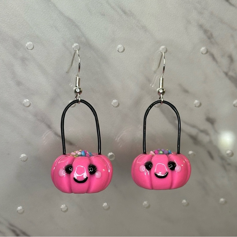 Pink Halloween Pumpkin Trick-or-Treat Basket - Handmade Earrings